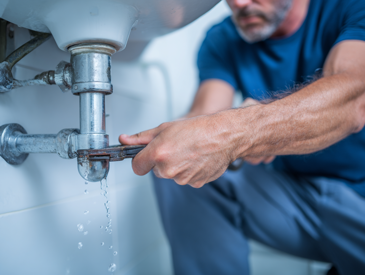 Plumber tightening leaking pipework beneath a kitchen sink