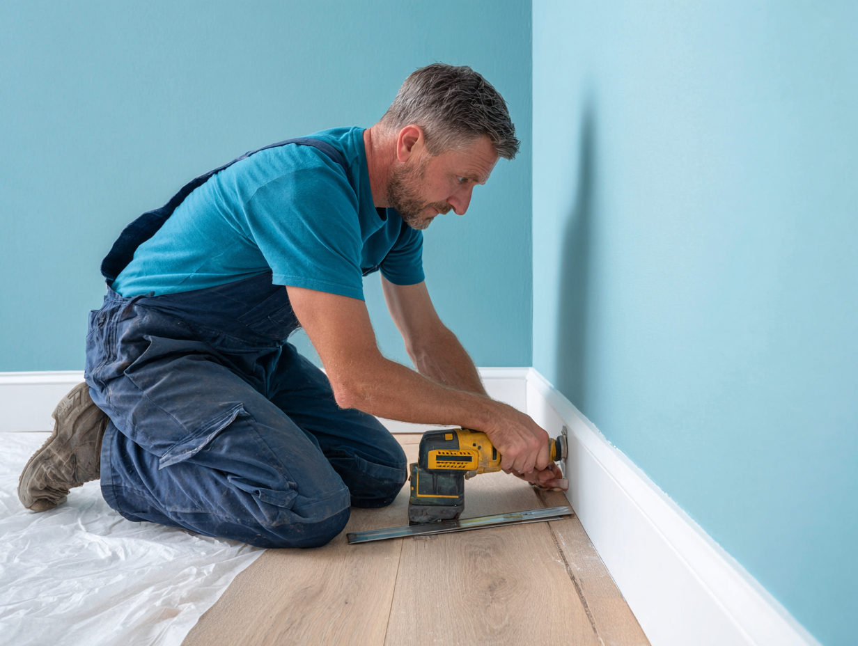 Carpenter installing skirting boards