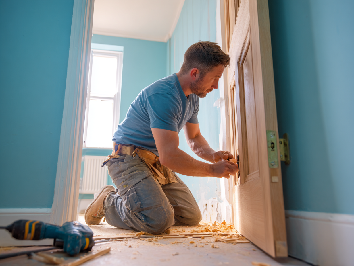 Carpenter fitting and hanging a door