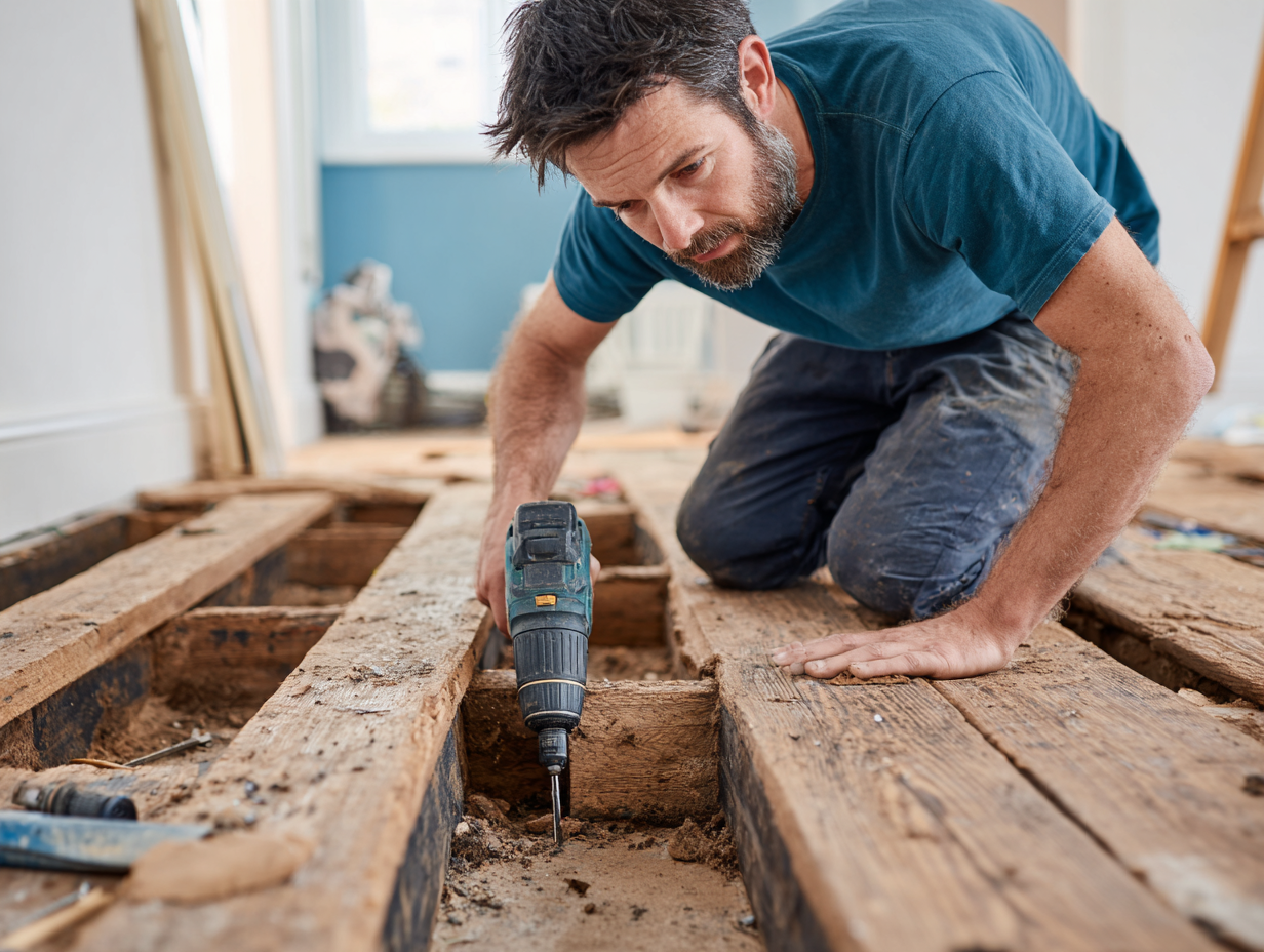 Carpenter working on floor joists and subfloor