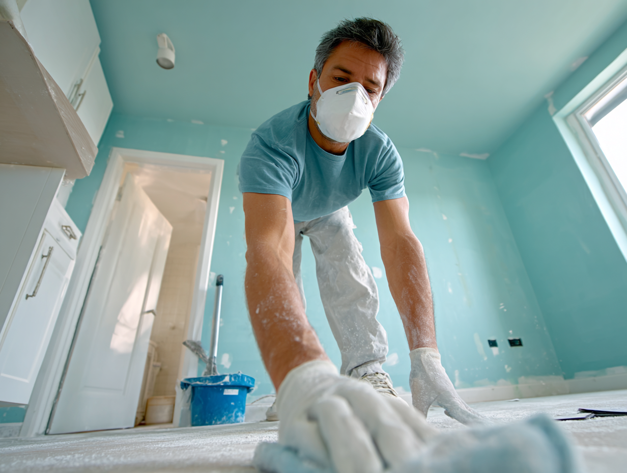 Cleaner removing renovation dust as part of cleaning services