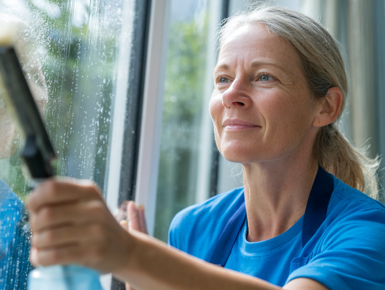 Cleaner washing window during professional cleaning services visit