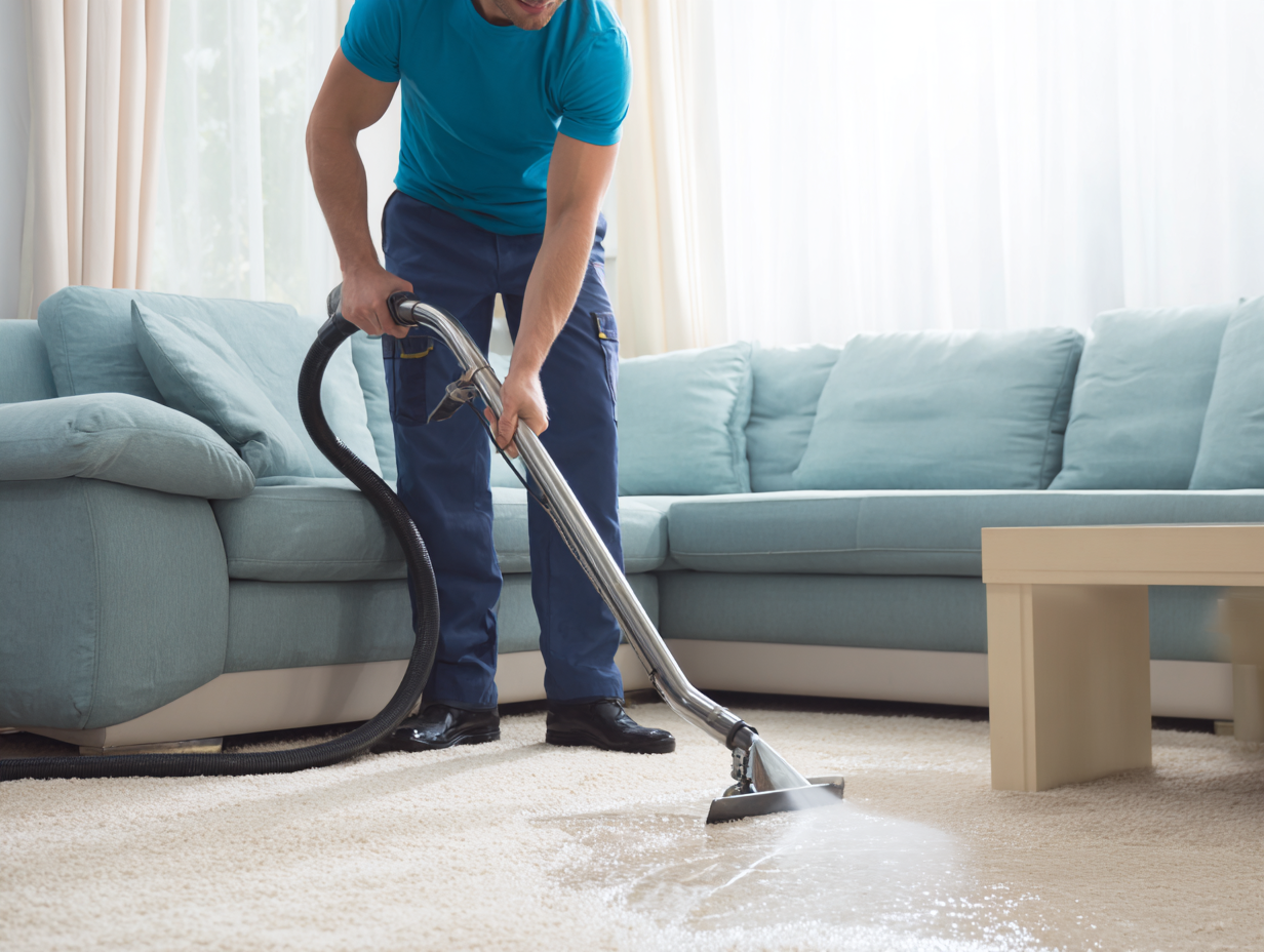 Cleaner vacuuming carpet as part of professional cleaning services