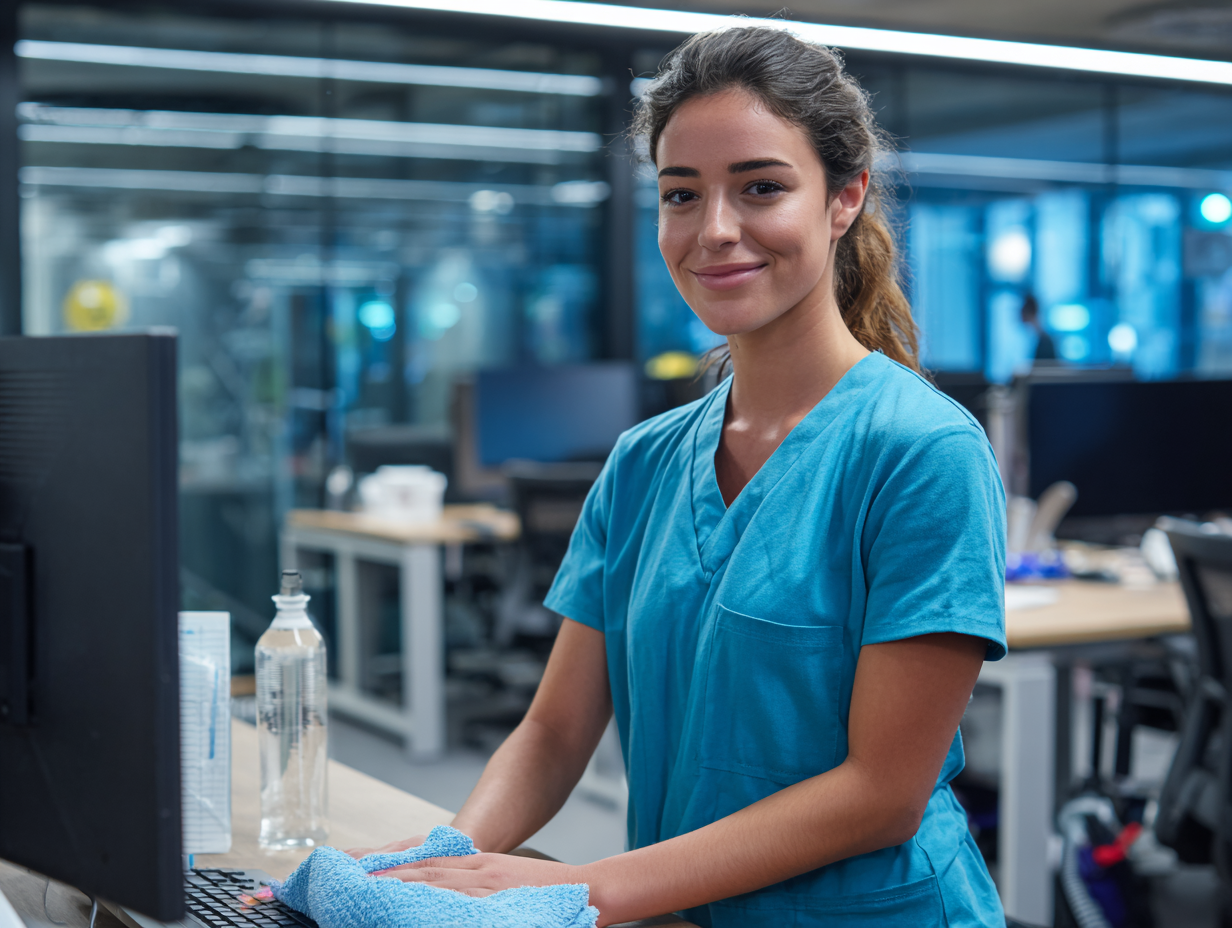 Cleaner working in office environment providing cleaning services