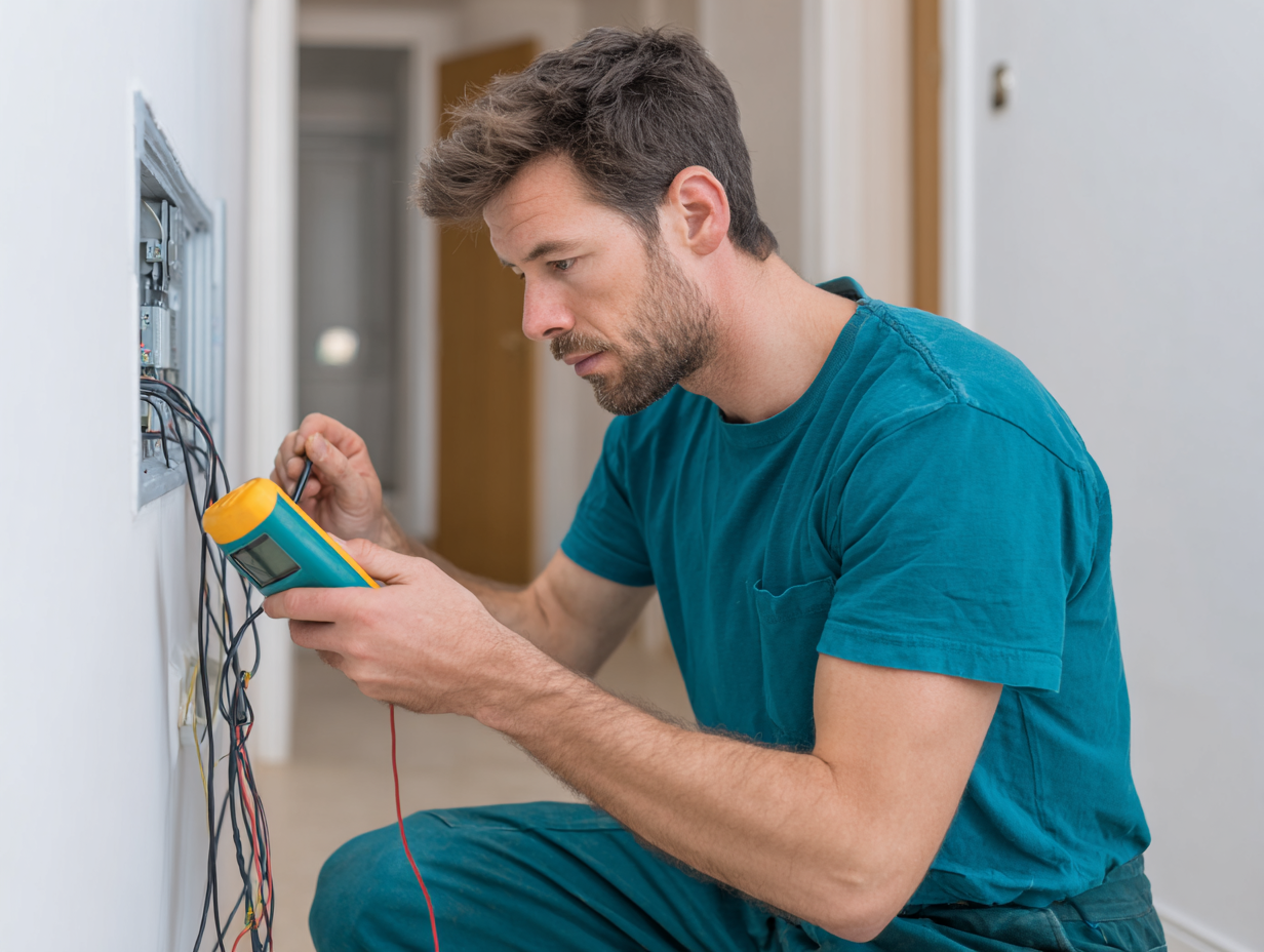 Electrician diagnosing wiring issue during domestic electrical services