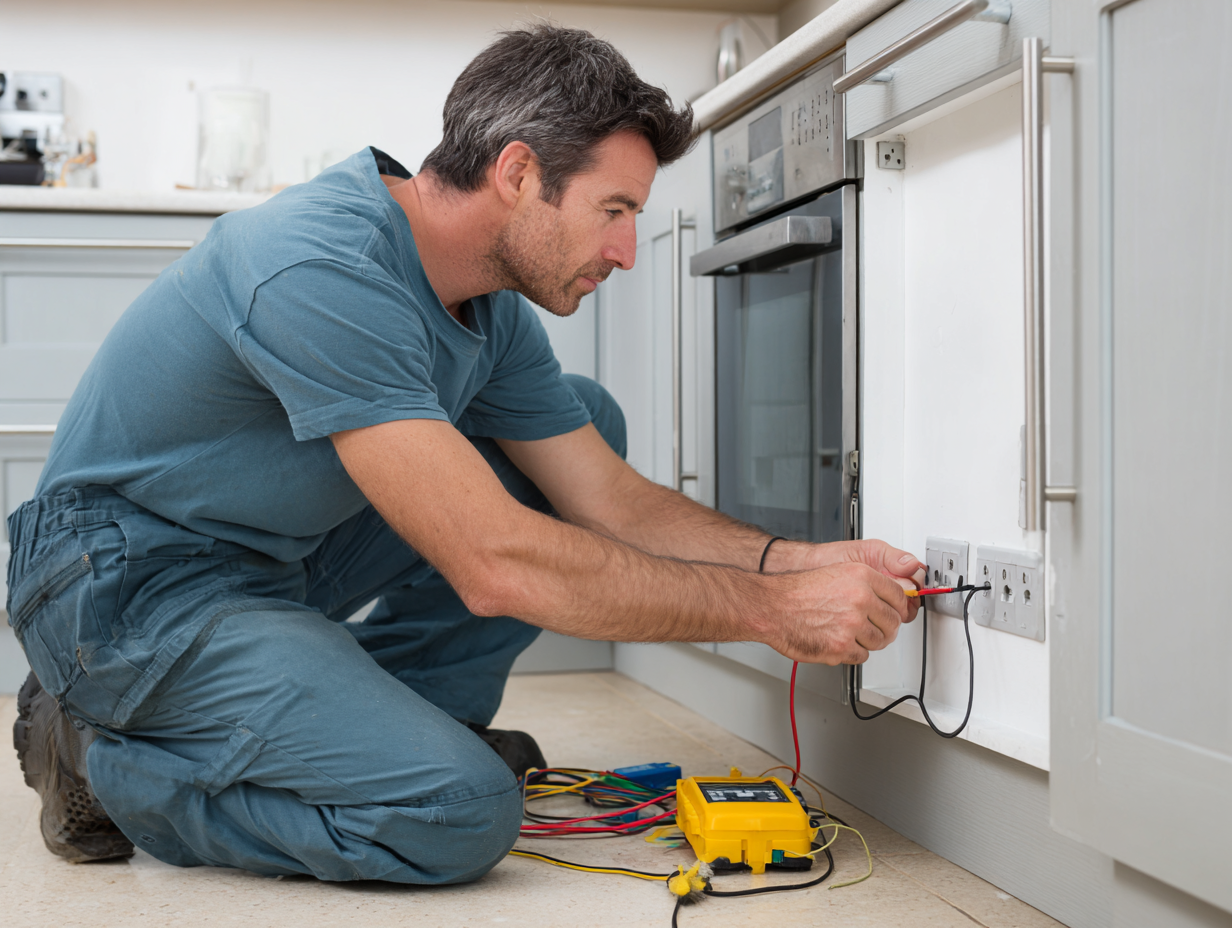 Electrician wiring kitchen outlets during domestic electrical services