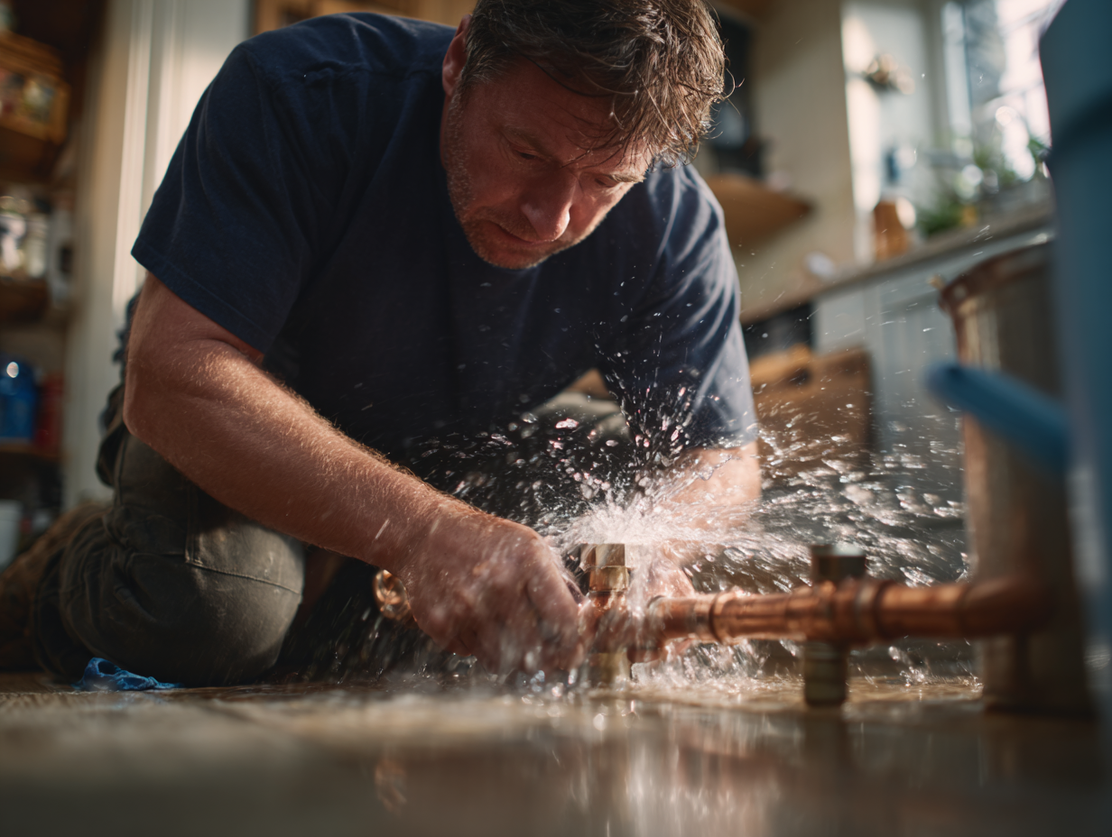 Plumber repairing a burst water pipe causing indoor flooding