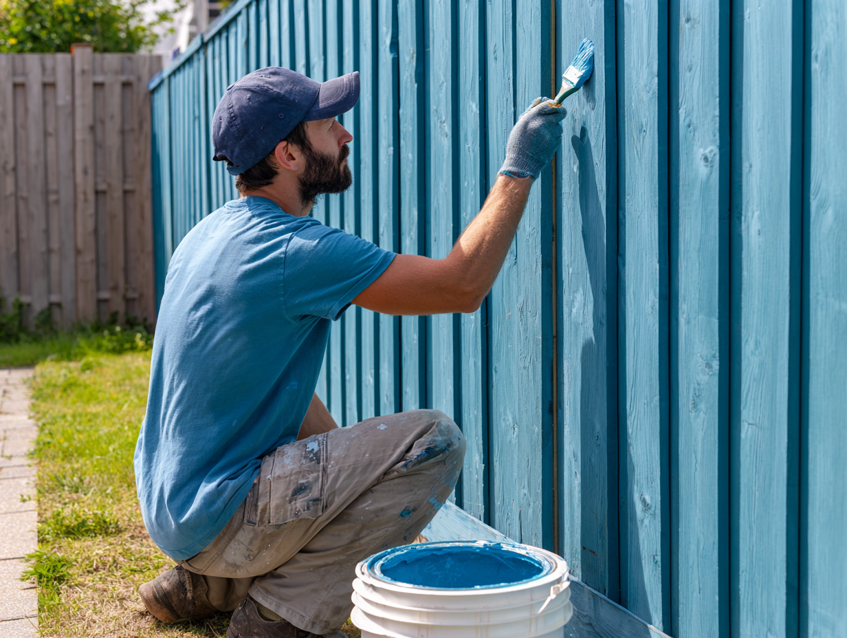 Professional painting garden fence with brush