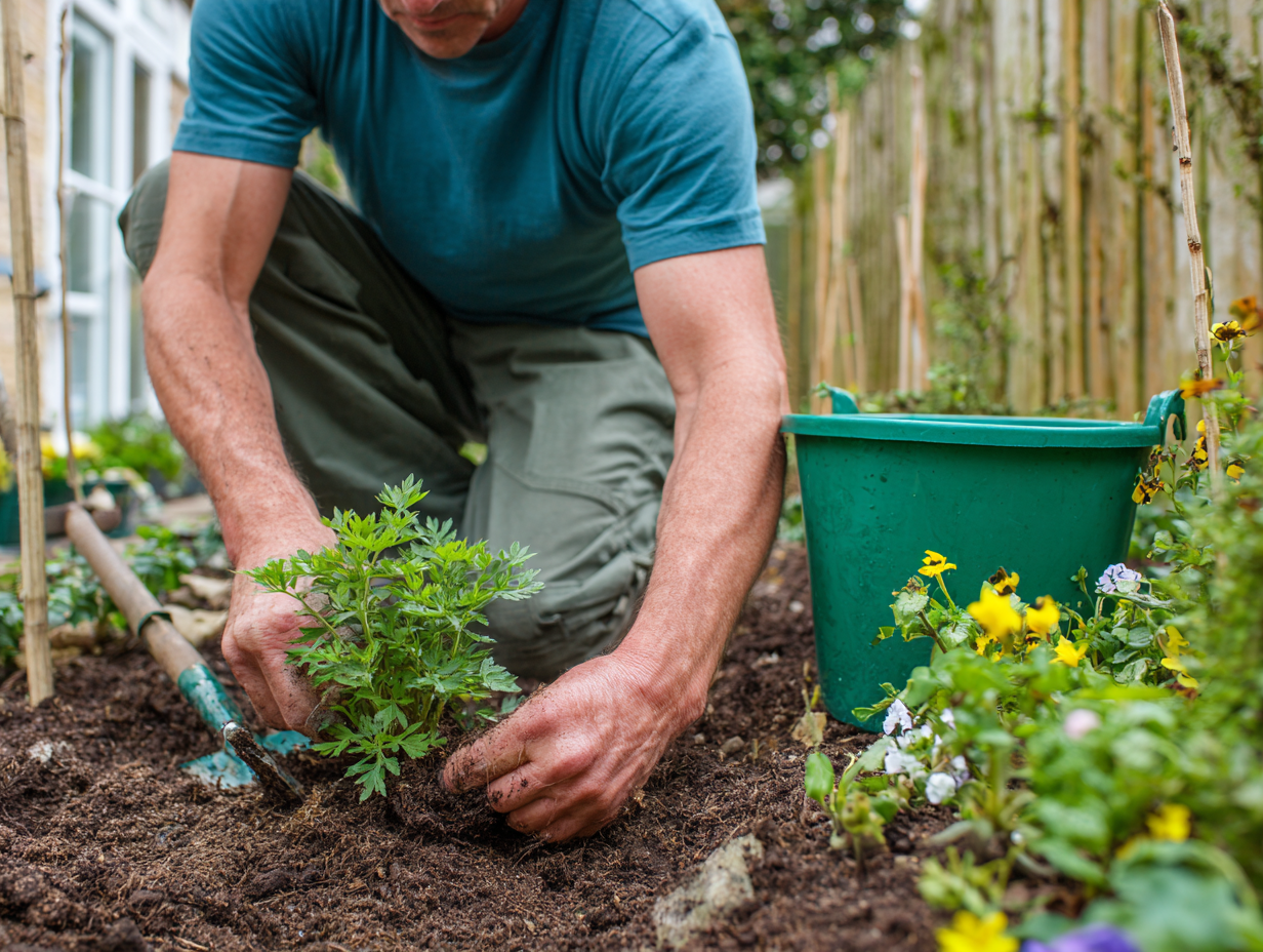 Gardener maintaining flower beds as part of gardening service