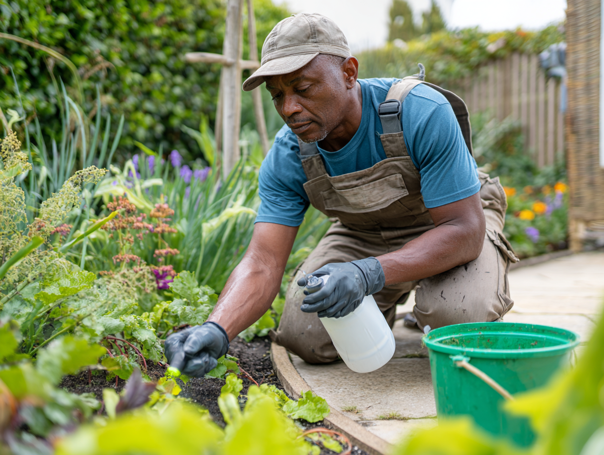 Gardener applying pest control treatment to garden plants