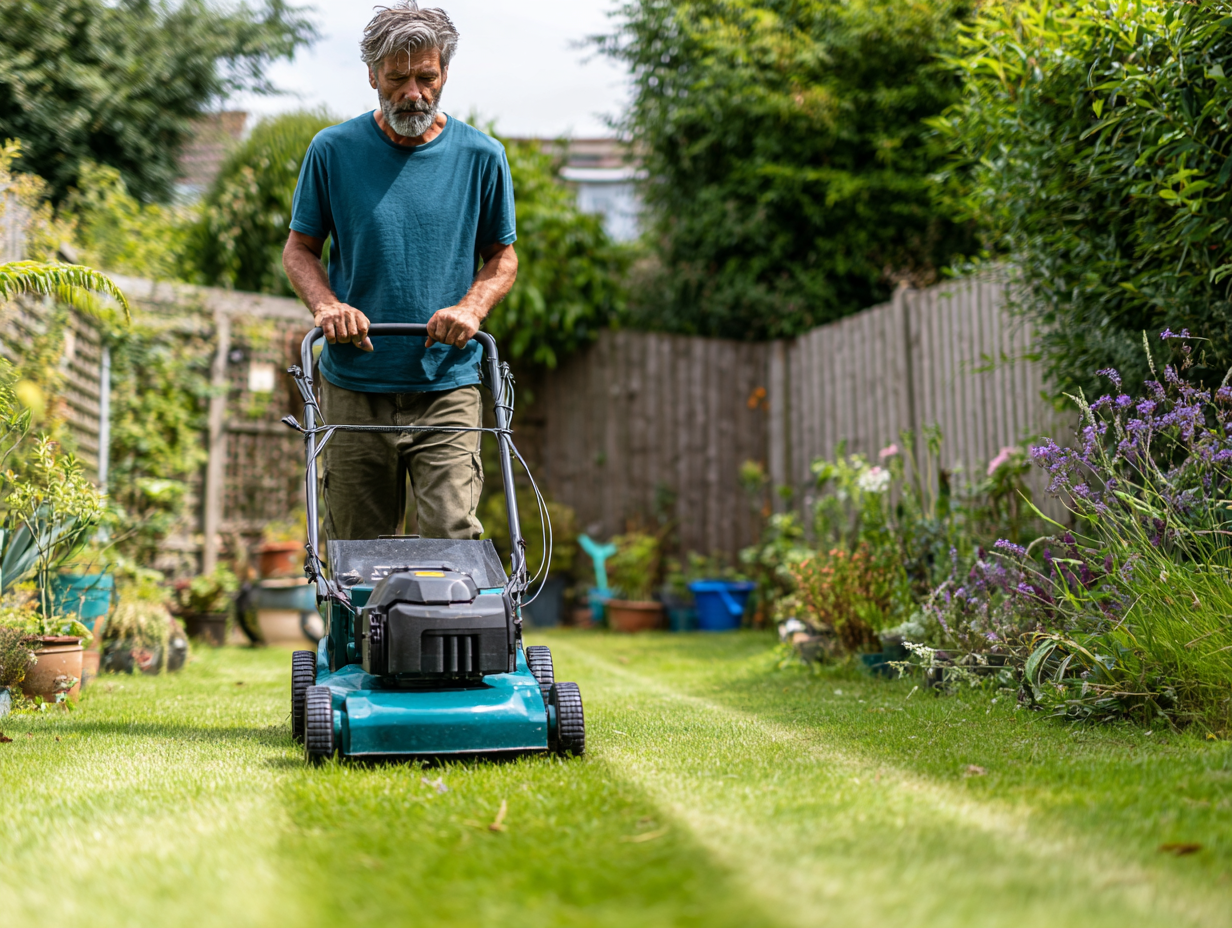 Gardener mowing lawn as part of local gardening service