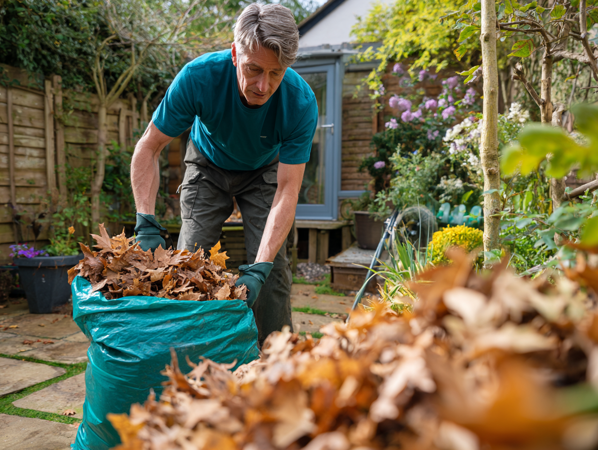 Gardener collecting leaves during local garden maintenance service