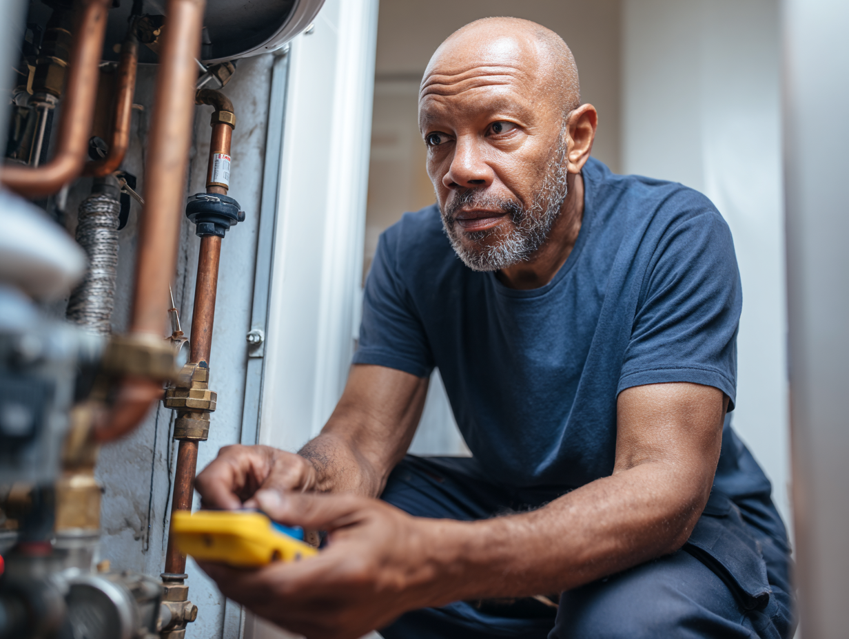 Plumber installing new chrome kitchen tap