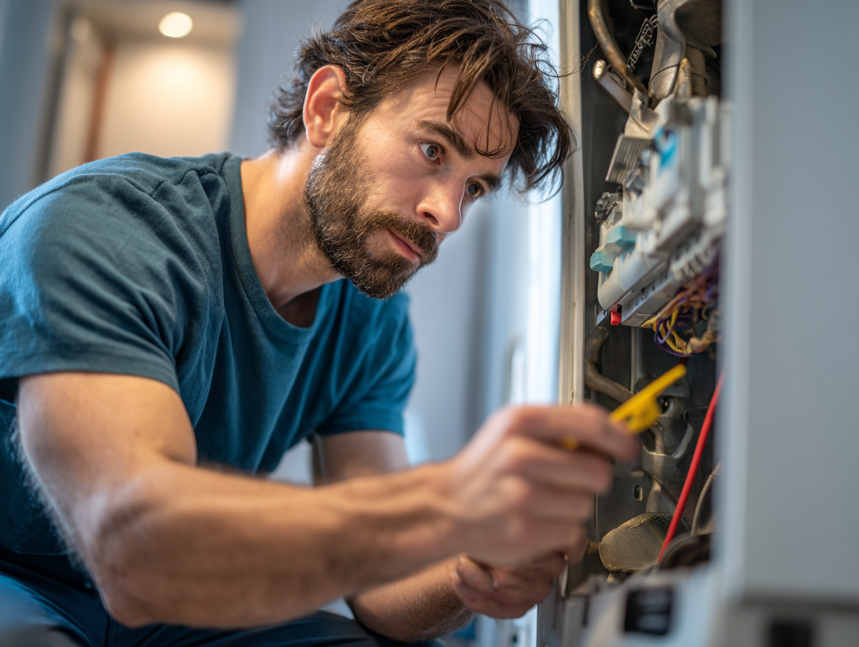 Engineer carrying out gas boiler service during heating system repair