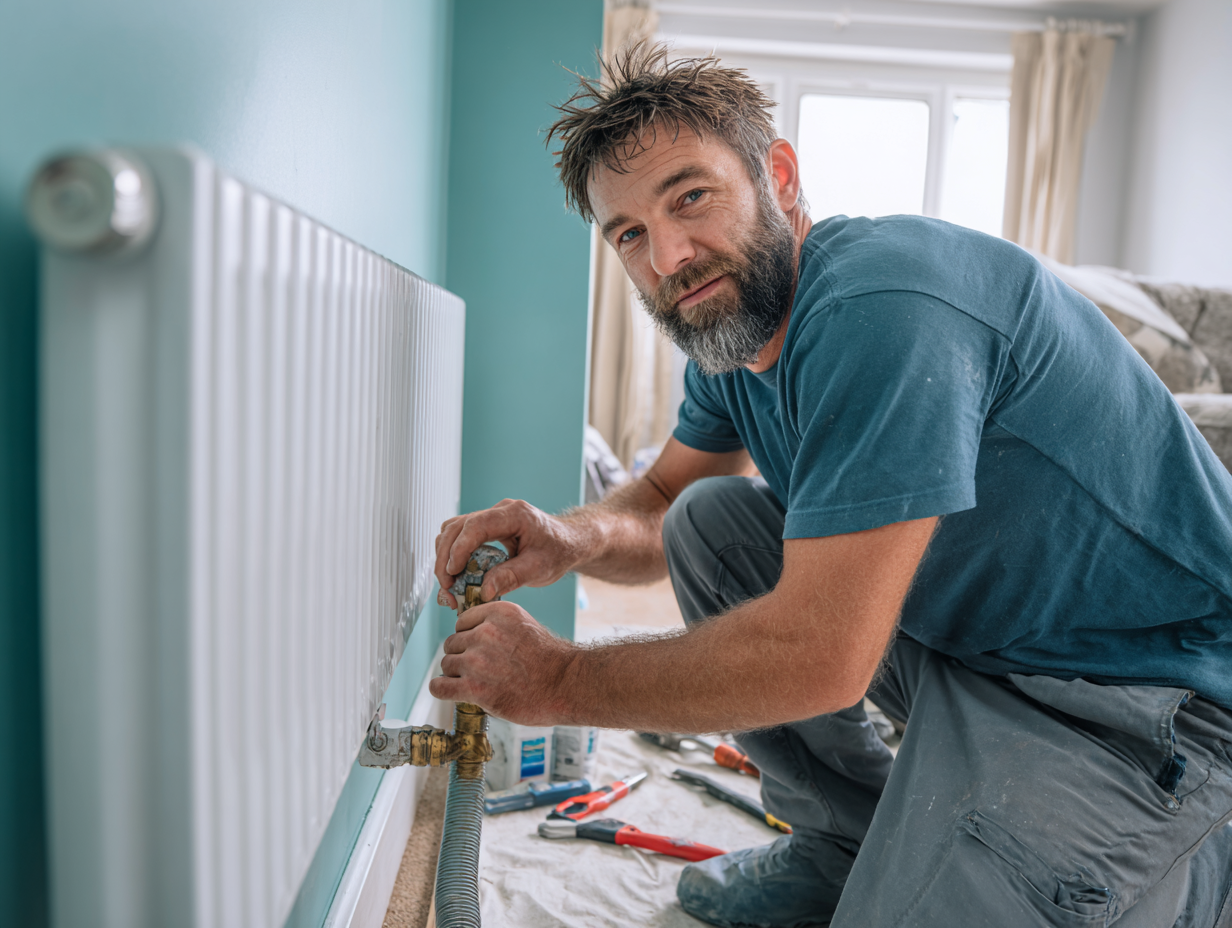 Engineer working on central heating system during boiler service
