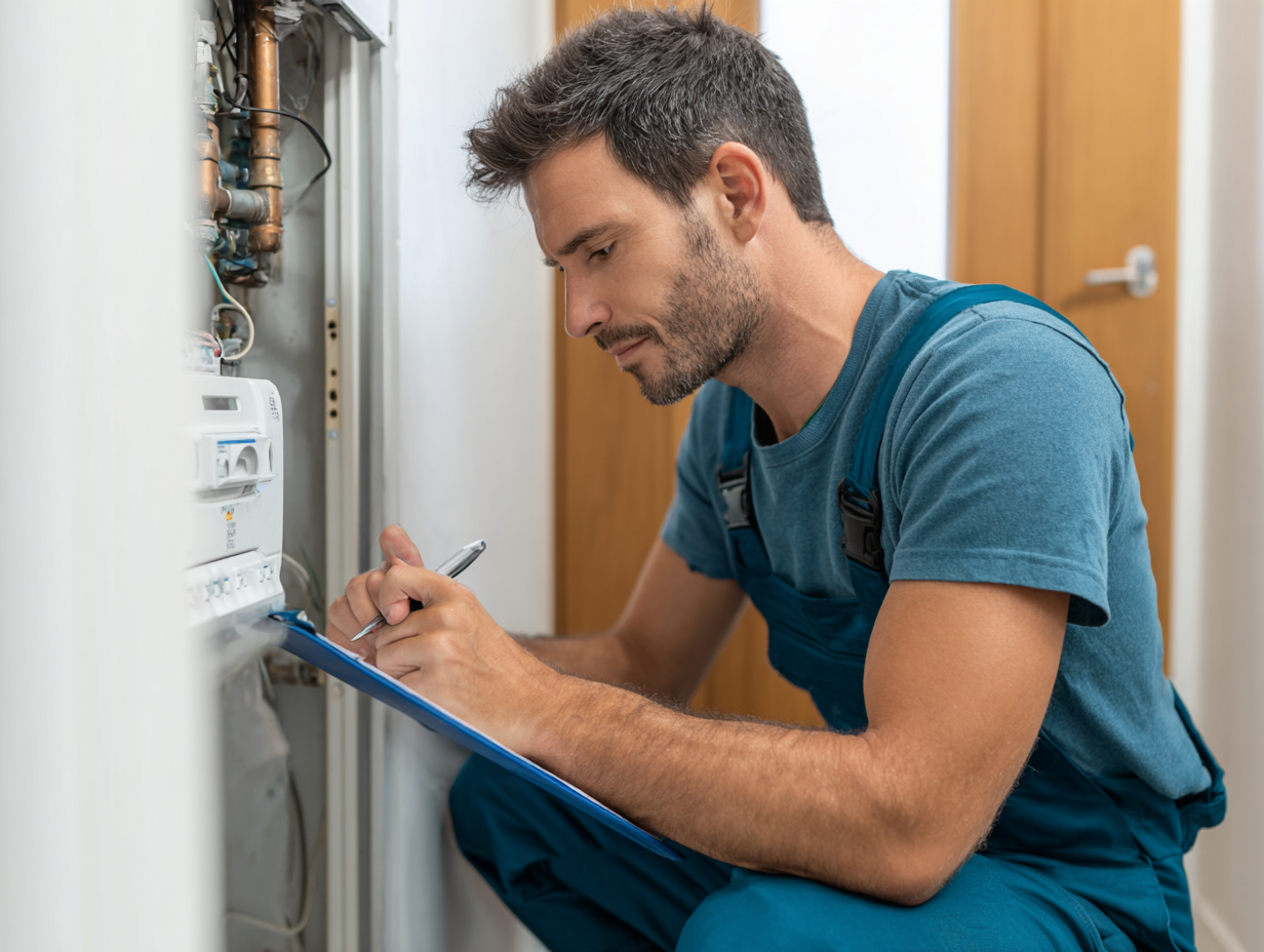 Heating engineer completing annual boiler service on domestic unit