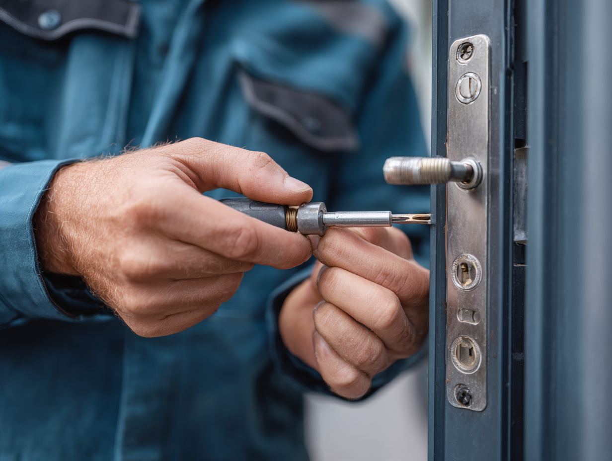 Locksmith installing new door lock as part of professional locksmith services