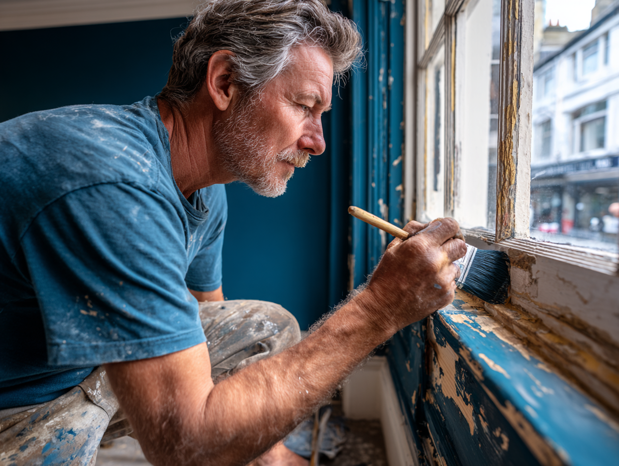 Decorator performing detailed restoration work on period features