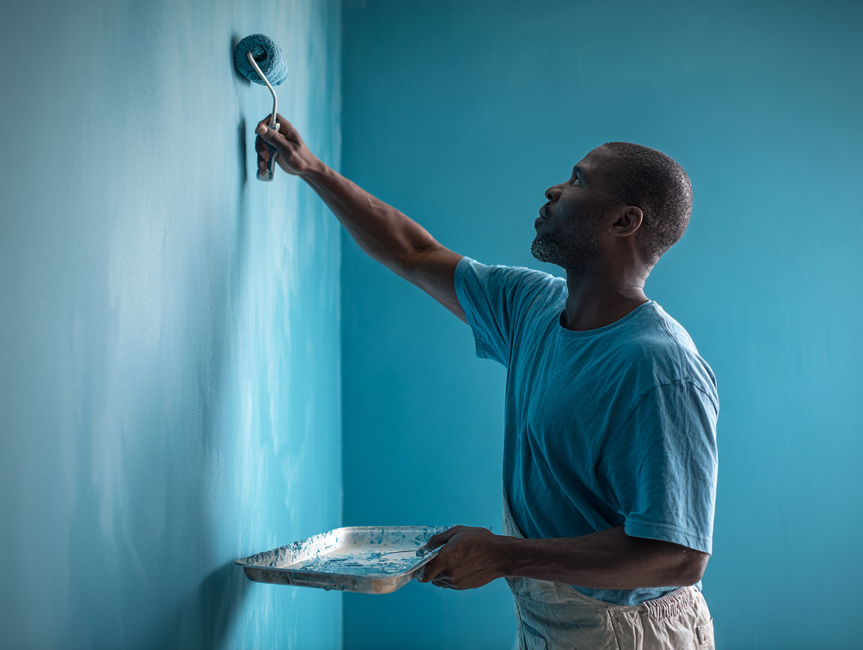 Painter applying paint to fresh plaster walls