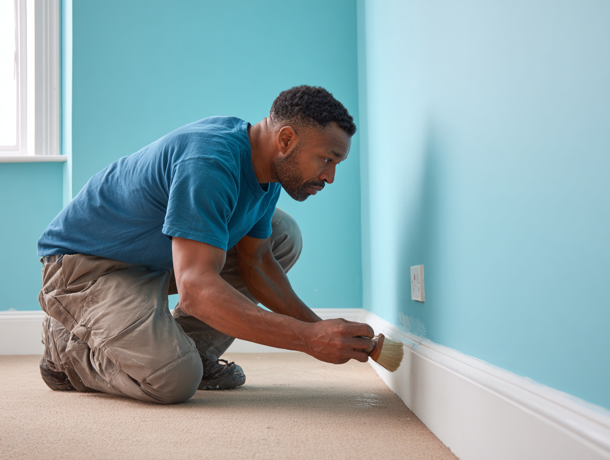 Painter doing detailed touch-up work on skirting boards