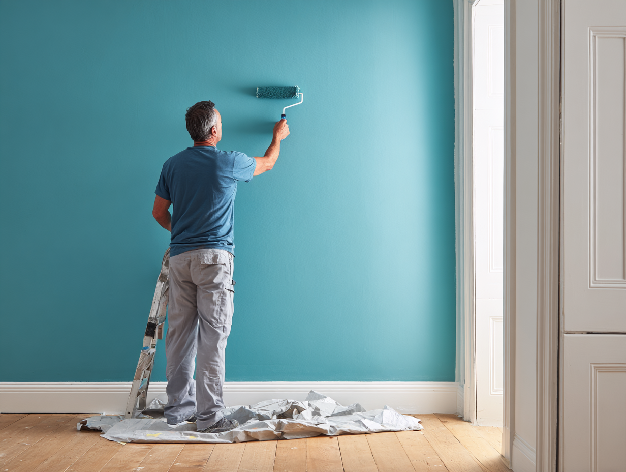 Painter painting interior walls with roller