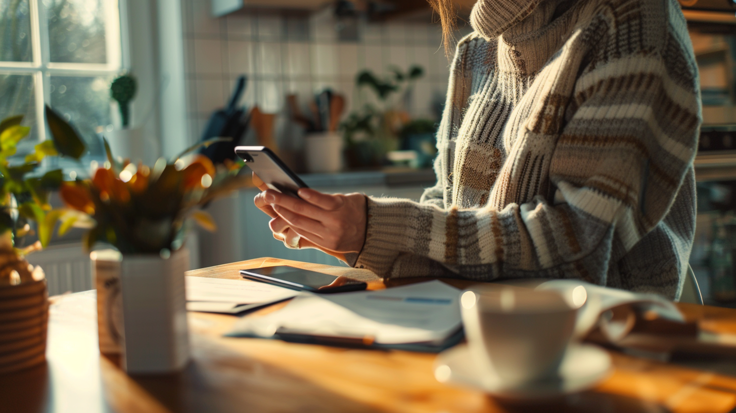 Homeowner reviewing notes on a smartphone before booking a tradesperson