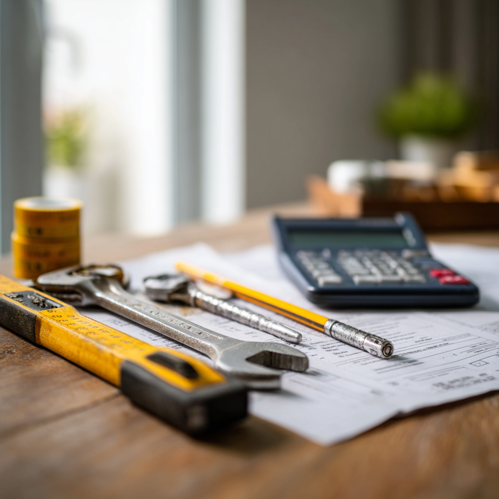 Hand tools and a calculator placed on home repair cost documents
