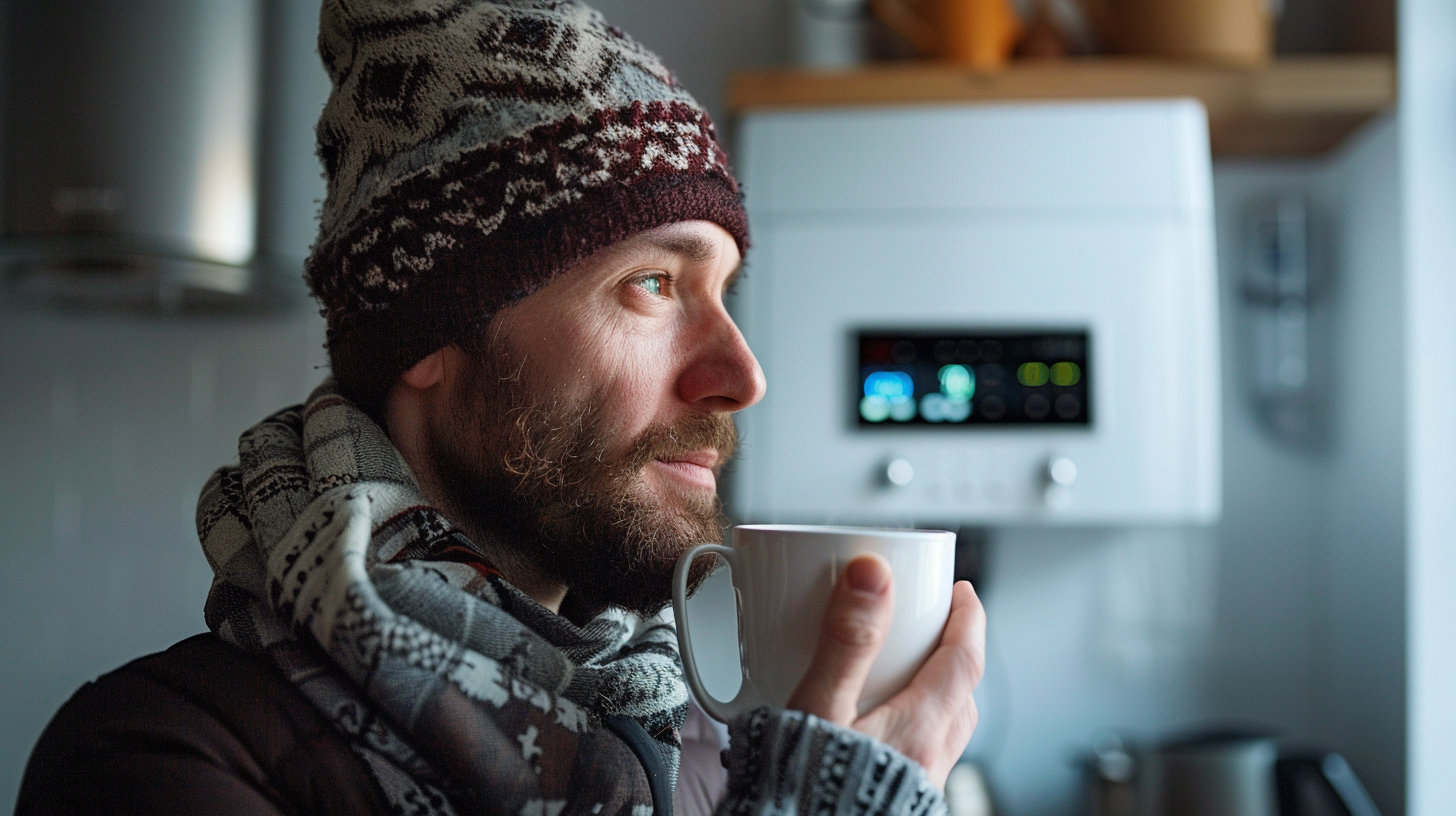 Homeowner standing near a boiler during winter maintenance check