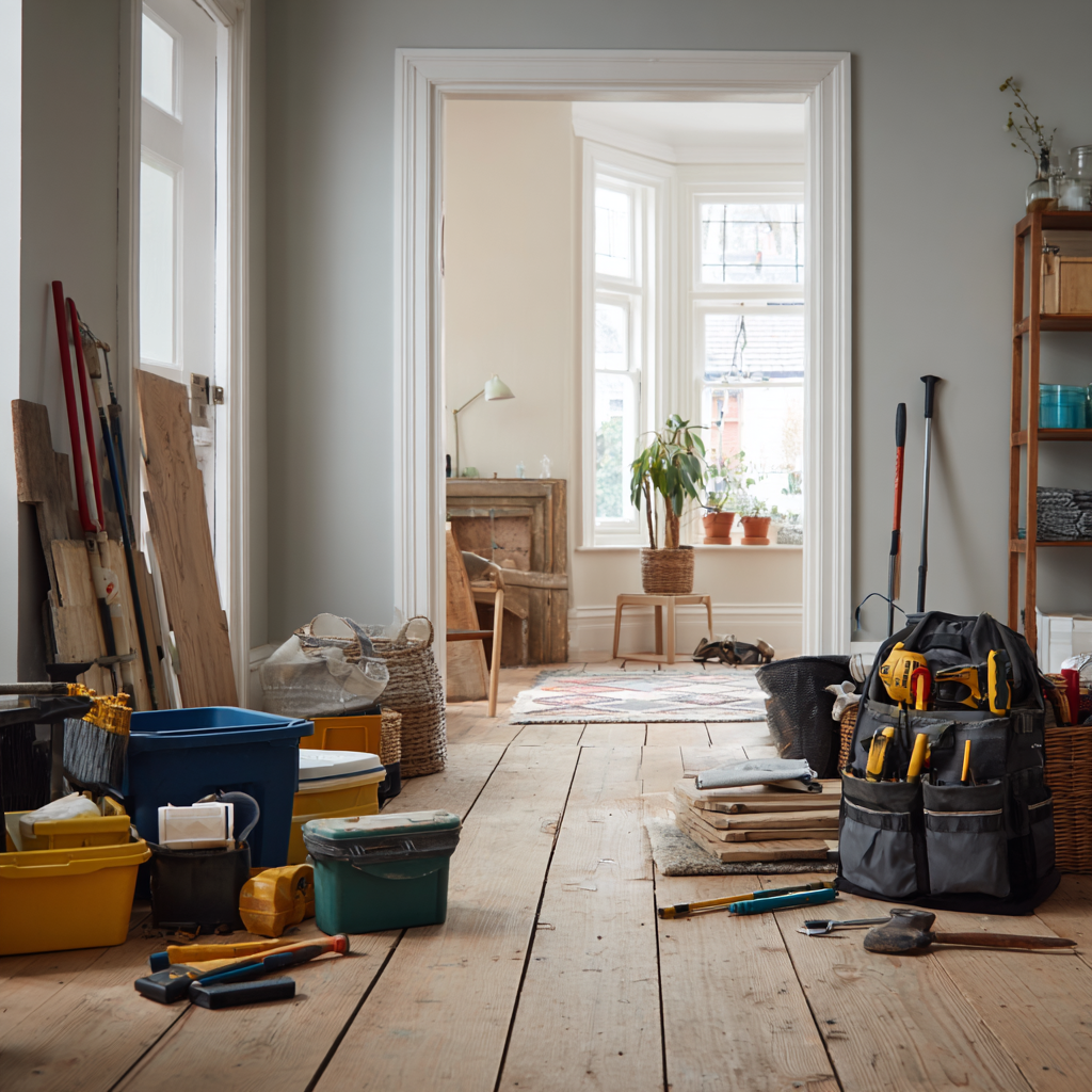 Renovation tools and materials arranged inside a residential property