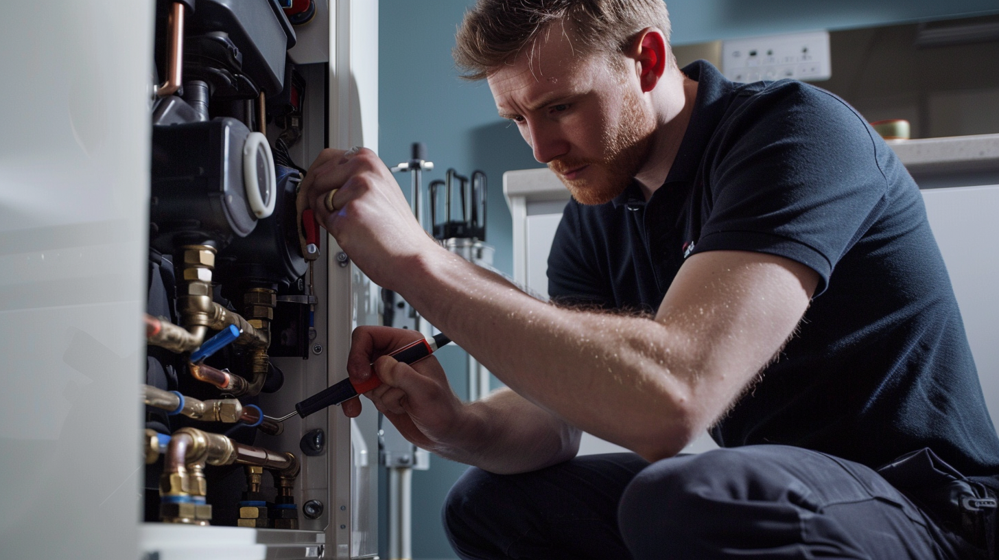 An engineer carrying out a gas boiler service on a domestic heating system