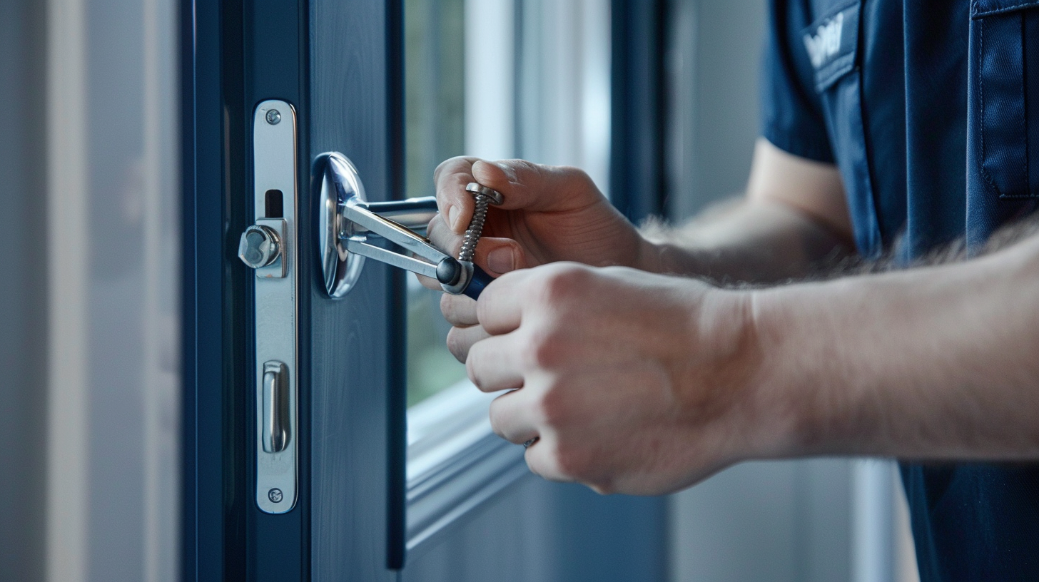 Locksmith installing secure door lock as part of professional locksmith services