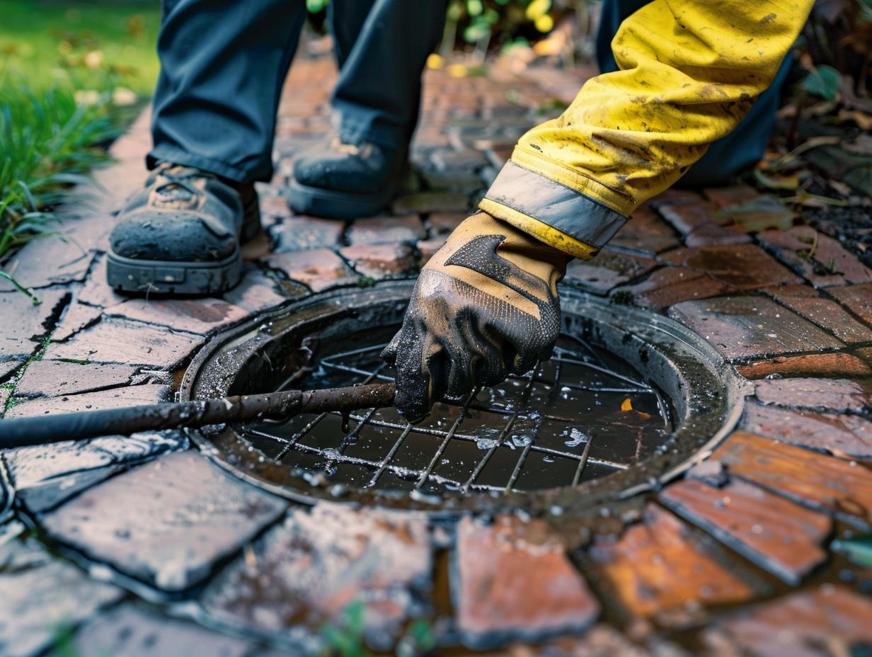 Worker clearing a blocked outdoor drain cover