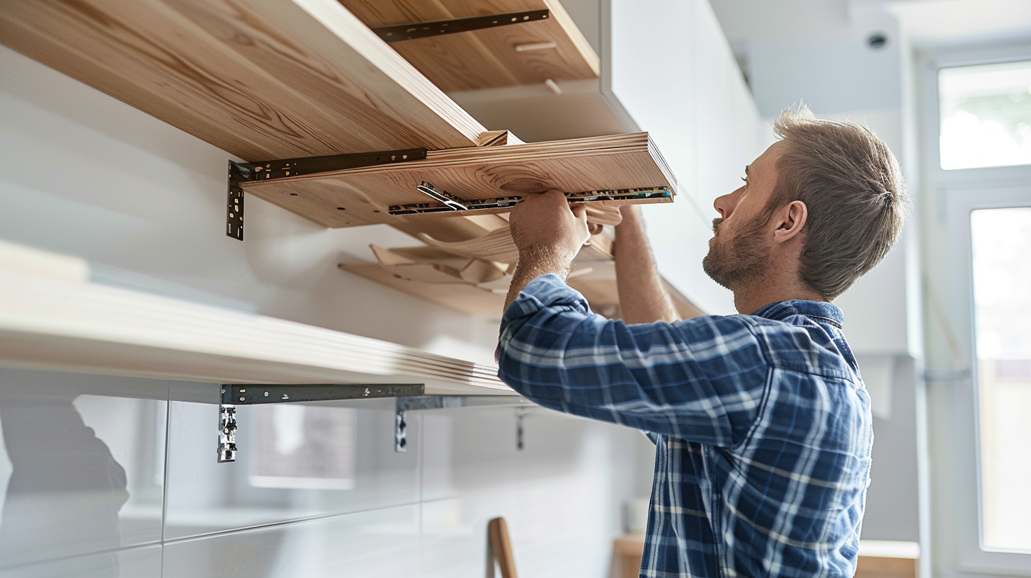 Professional carpenter installing wooden shelving in a modern home