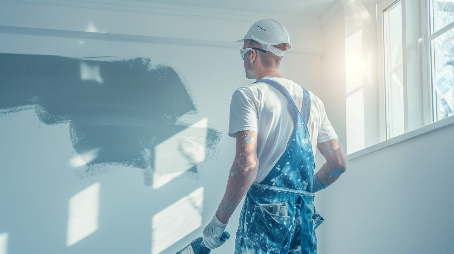 Professional painter rolling fresh paint on a modern interior wall